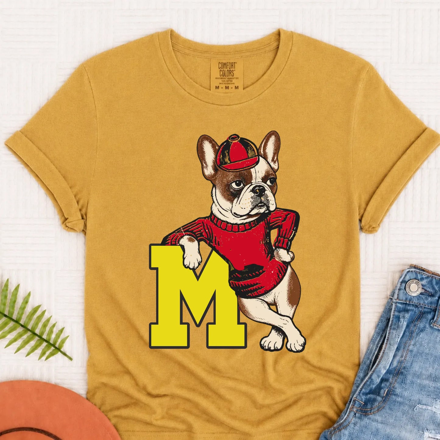 Custom Frenchie Vintage School Mascot Unisex Tshirt Mustard