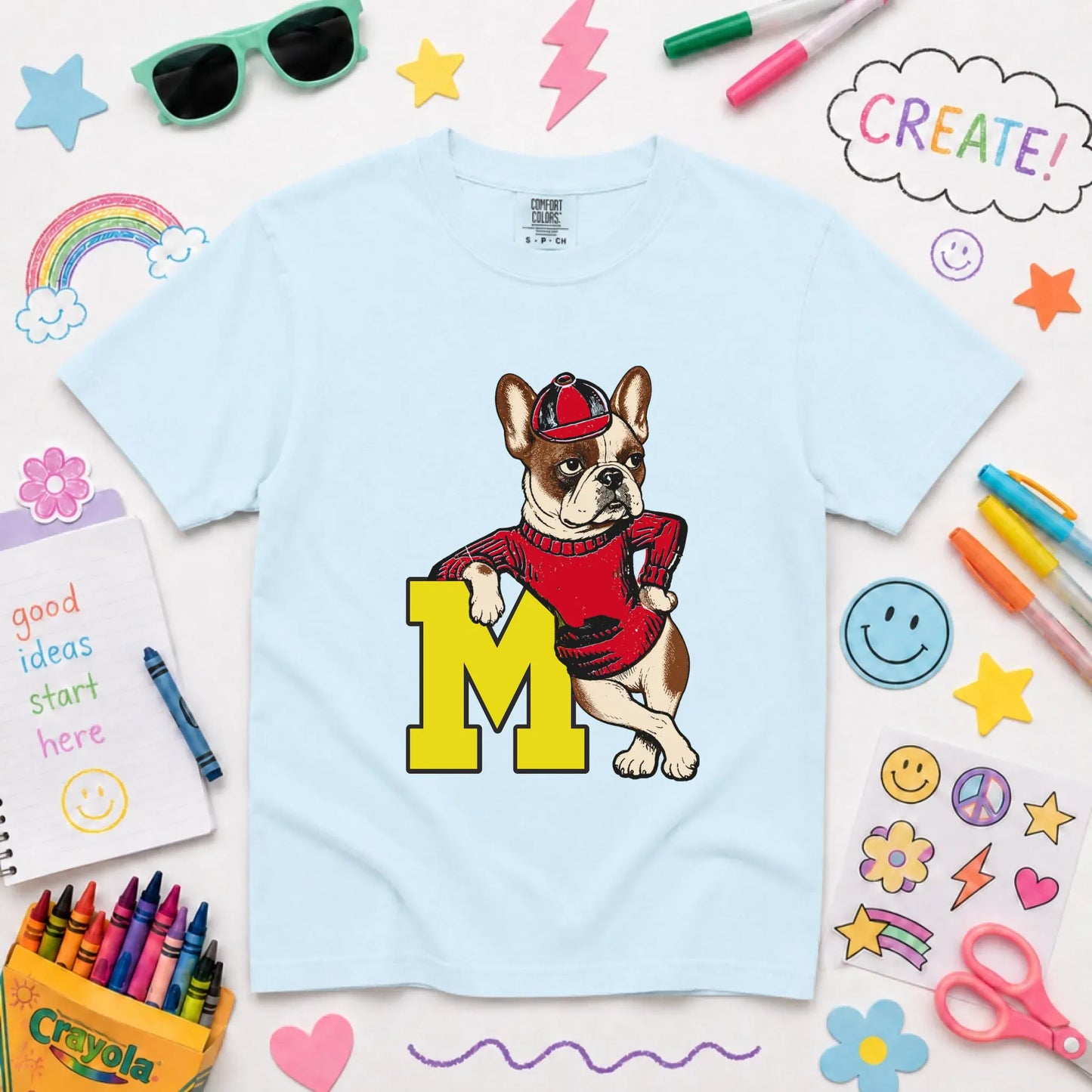 Custom Frenchie Vintage School Mascot YOUTH Unisex Tshirt NEW Youth Midweight Tee Chambray