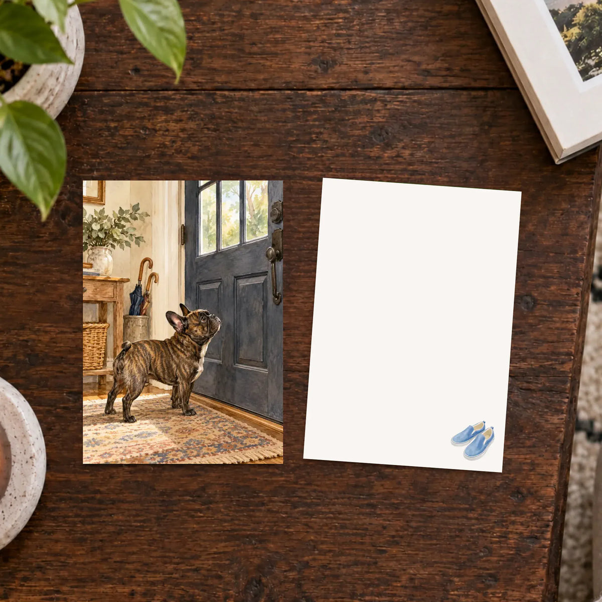 Customizer Flat Greeting Cards (envelopes included) / Default / 5" x 7" (square corner) / Eggshell / 1 pc Custom Frenchie Waiting Front Door Greeting Card Art