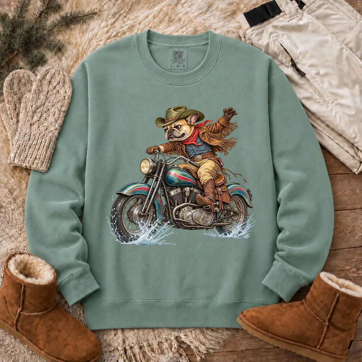 Sweatshirt Light Green / S Custom Frenchie Western Motorcycle Unisex Sweatshirt