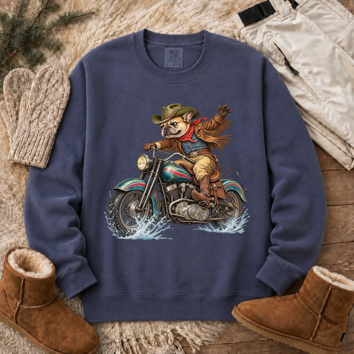 Sweatshirt Denim / S Custom Frenchie Western Motorcycle Unisex Sweatshirt