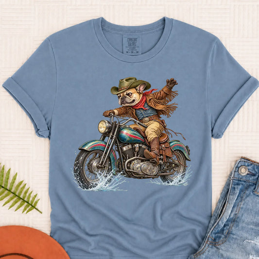 T-Shirt Blue Jean / S Custom Frenchie Western Motorcycle Unisex Tshirt