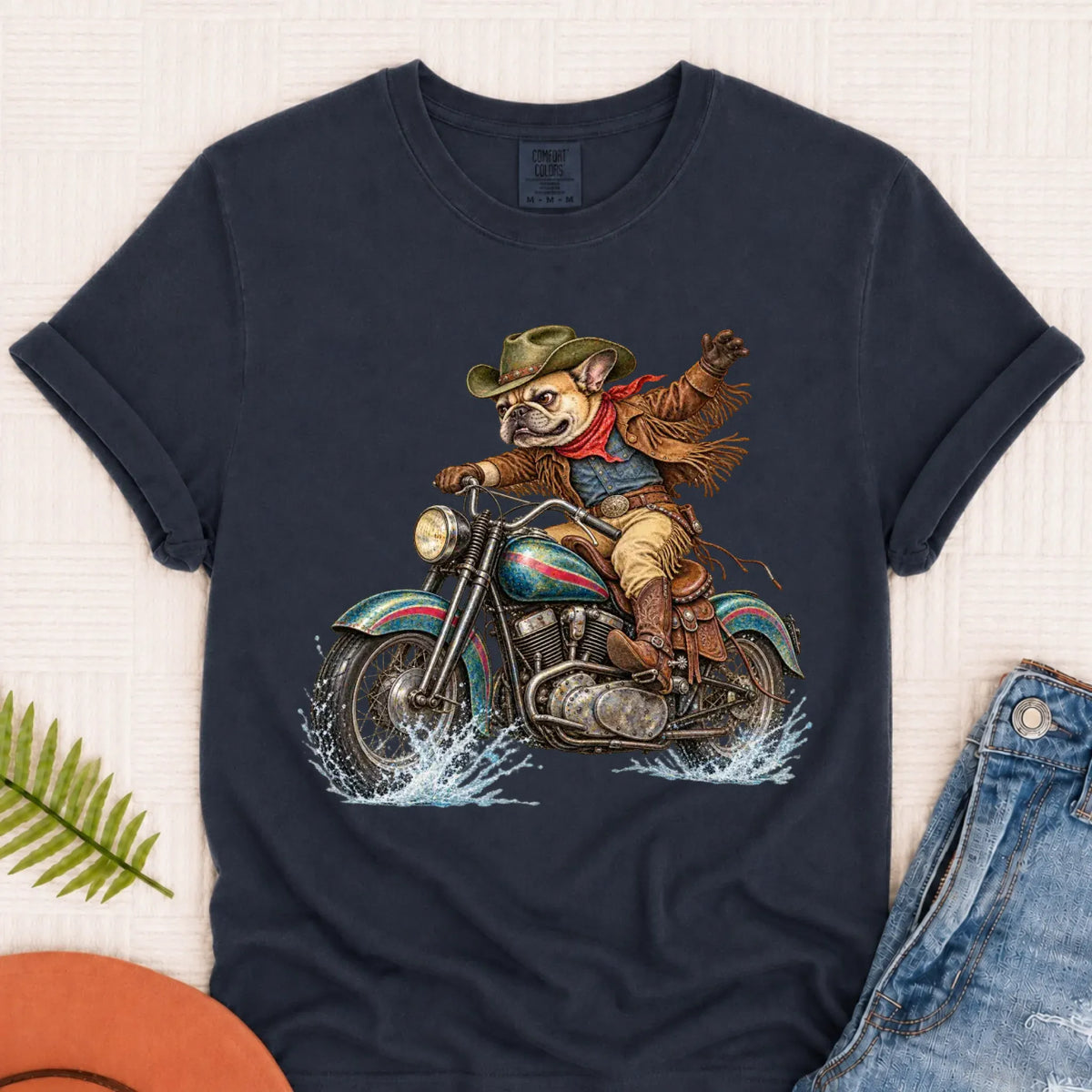 T-Shirt Navy / S Custom Frenchie Western Motorcycle Unisex Tshirt