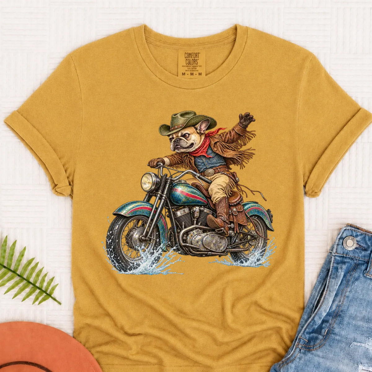 T-Shirt Mustard / S Custom Frenchie Western Motorcycle Unisex Tshirt