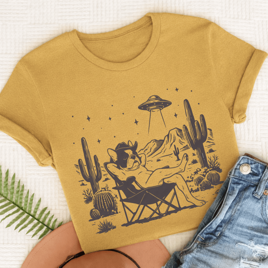 Custom Frenchie Western UFO Unisex Tshirt Mustard