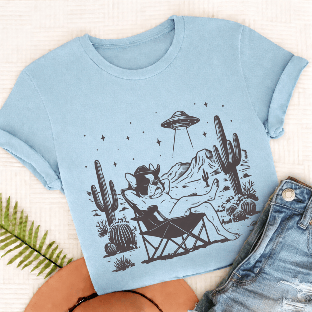 Custom Frenchie Western UFO Unisex Tshirt Chambray