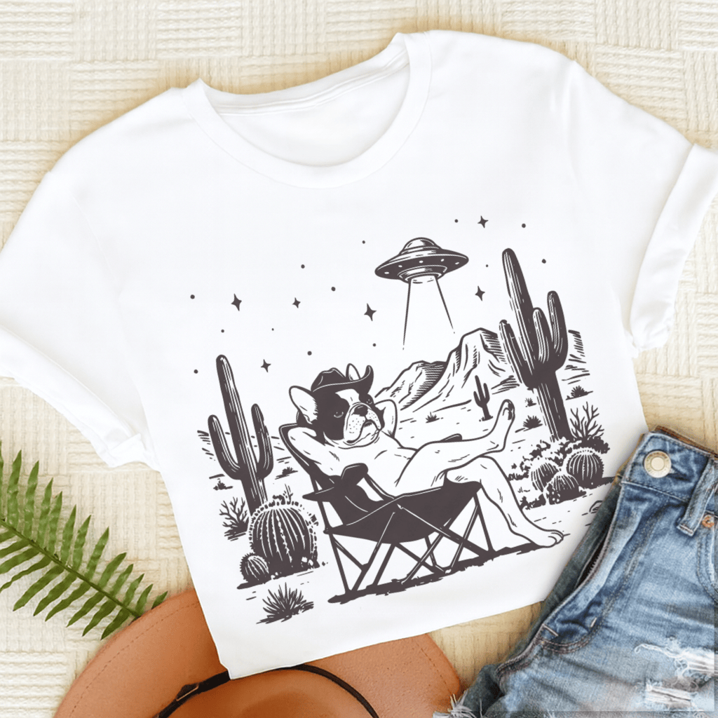 Custom Frenchie Western UFO Unisex Tshirt White