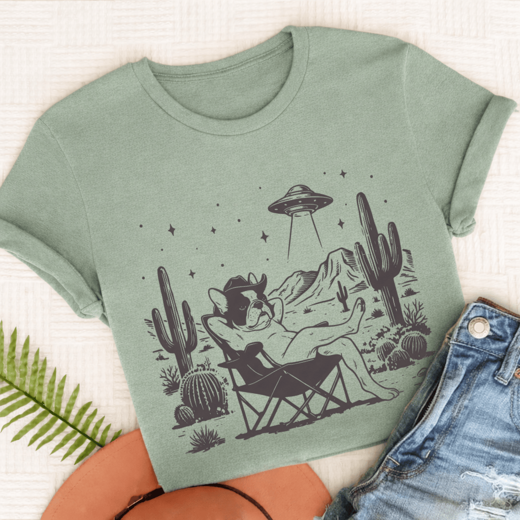 Custom Frenchie Western UFO Unisex Tshirt Bay