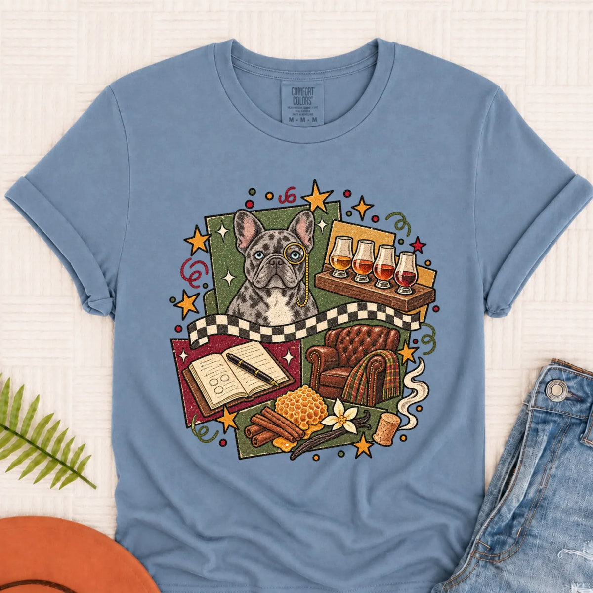 T-Shirt Blue Jean / S Custom Frenchie Whiskey Lover Unisex Tshirt