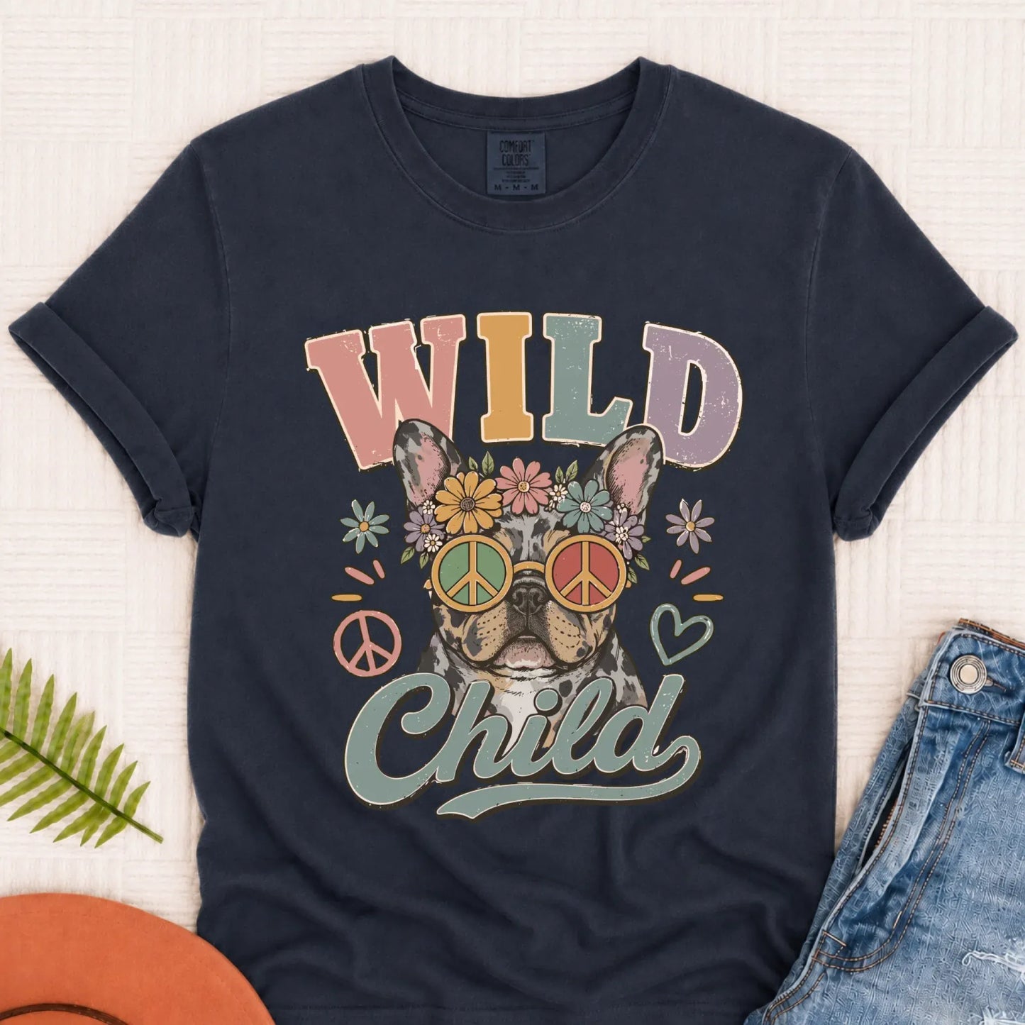 Custom Frenchie Wild Child Hippie Unisex TShirt Navy