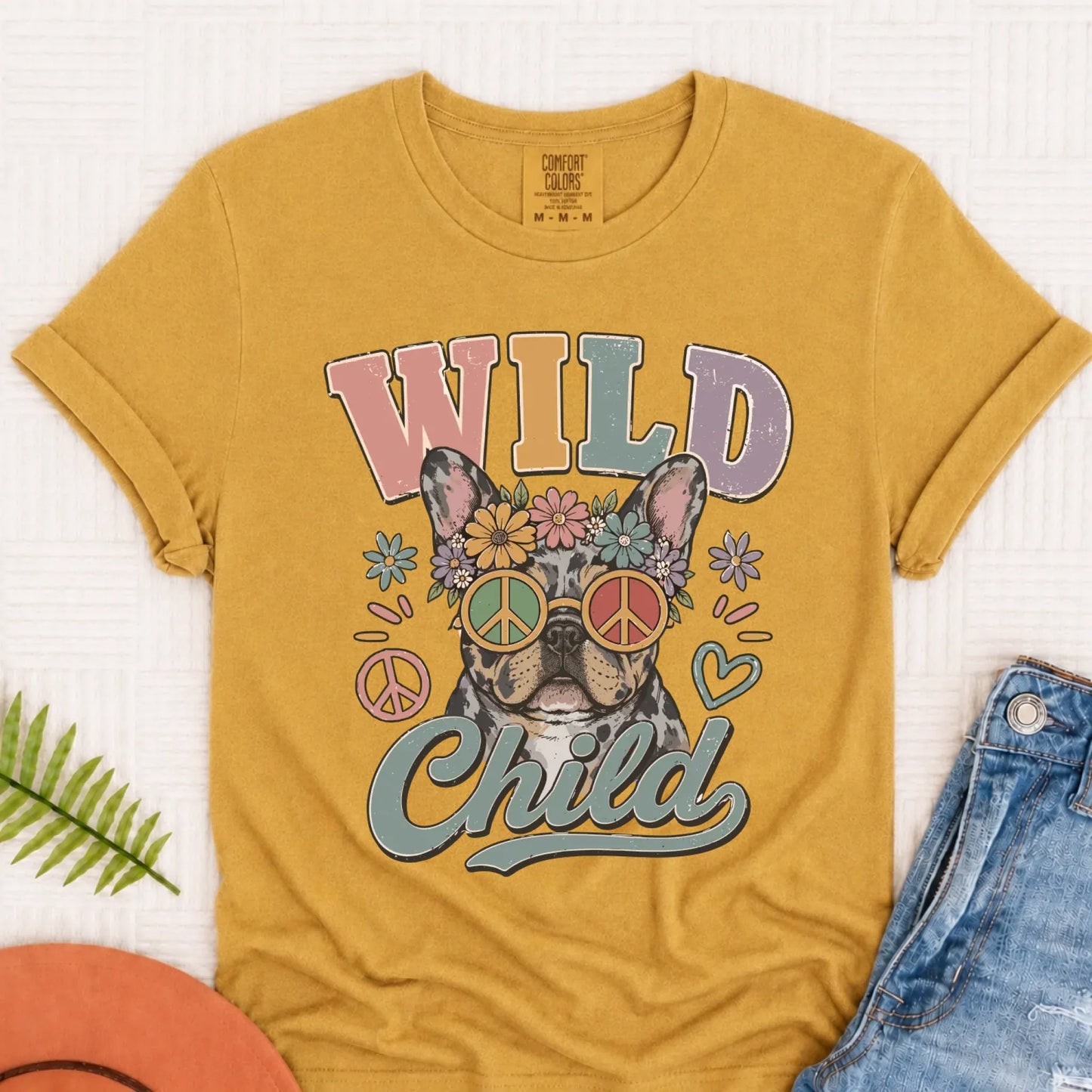 Custom Frenchie Wild Child Hippie Unisex TShirt Mustard