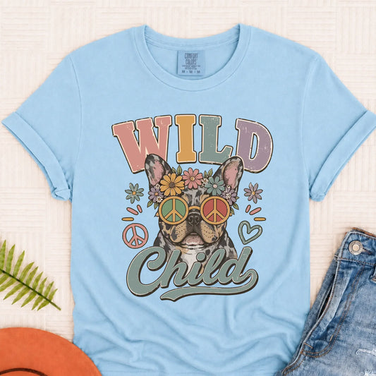 Custom Frenchie Wild Child Hippie Unisex TShirt Chambray