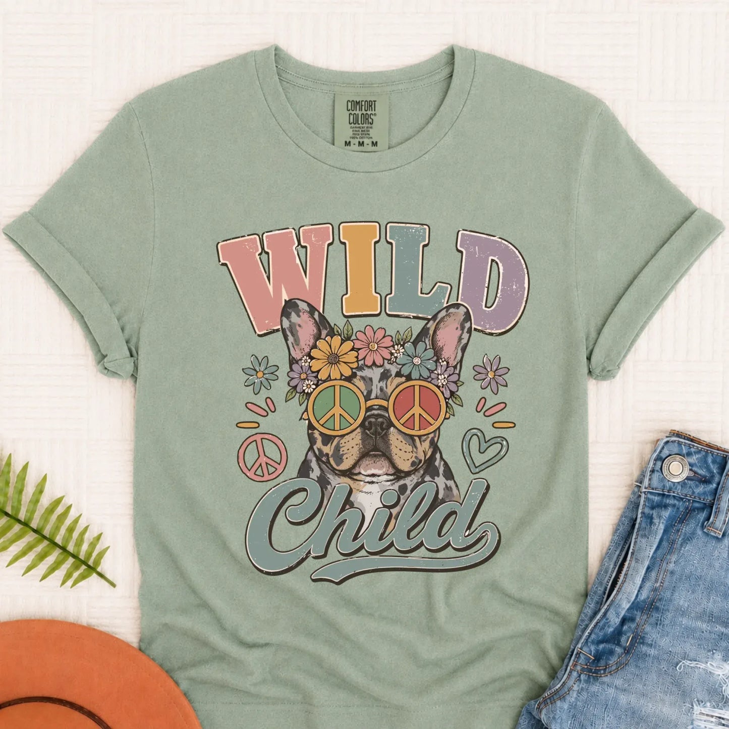 Custom Frenchie Wild Child Hippie Unisex TShirt Bay
