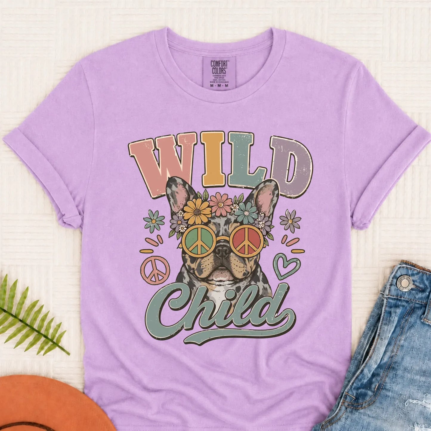 Custom Frenchie Wild Child Hippie Unisex TShirt Orchid