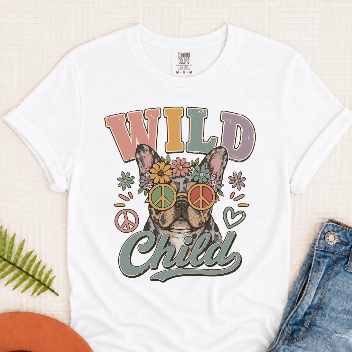 Custom Frenchie Wild Child Hippie Unisex TShirt White