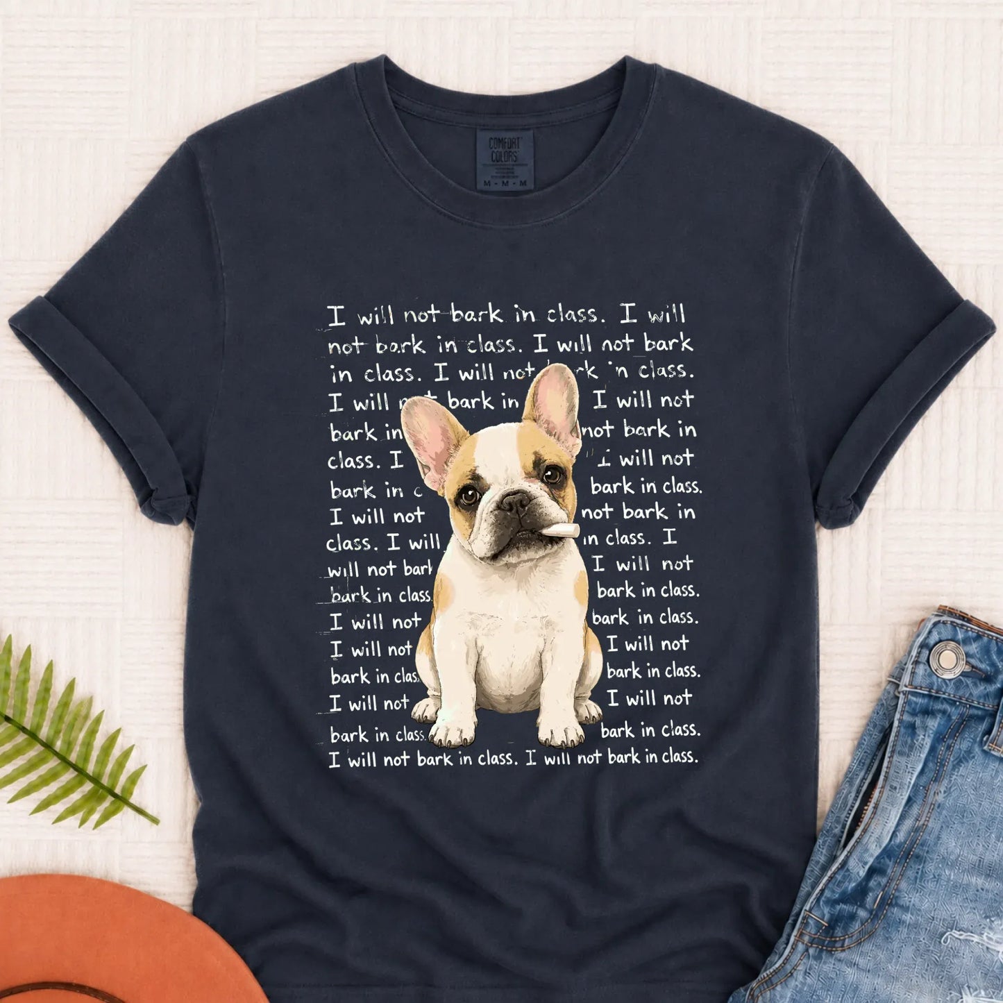 Custom Frenchie Will Not Bark in Class Unisex Tshirt Navy