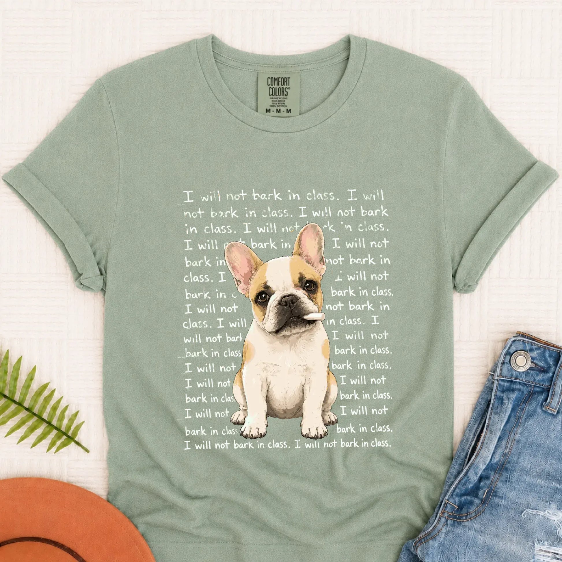 Custom Frenchie Will Not Bark in Class Unisex Tshirt Bay