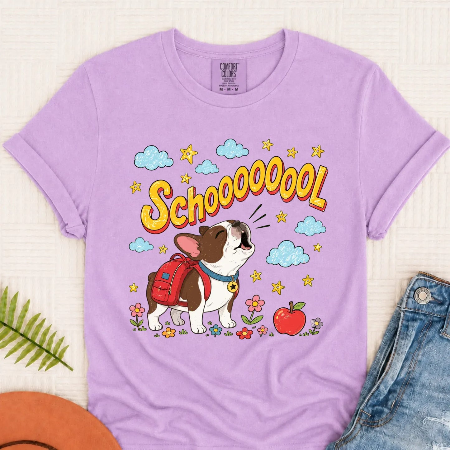 Custom Funny Frenchie Back to School Unisex Tshirt Orchid