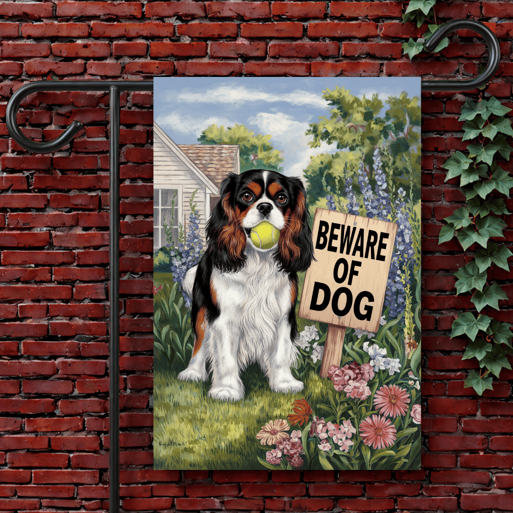 Custom King Charles Cavalier Beware Garden Flag 12'' × 18''