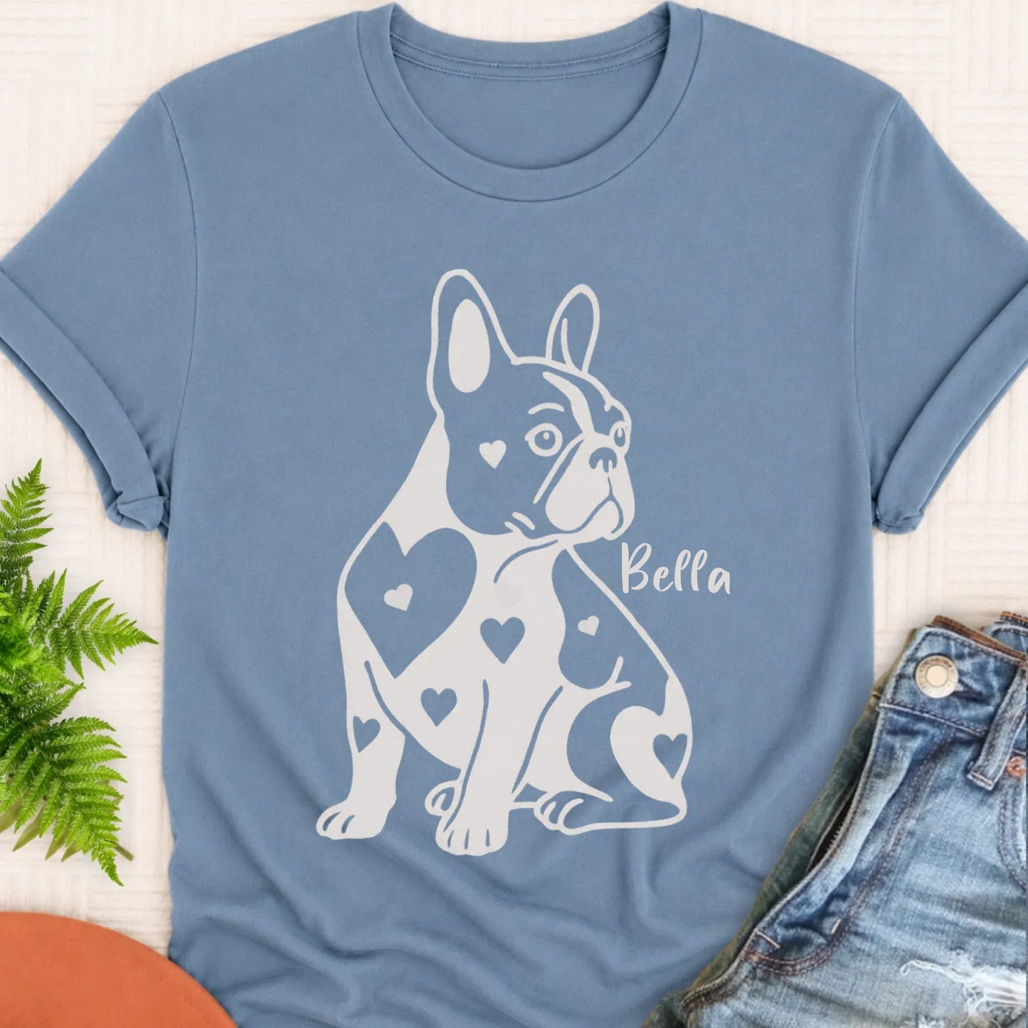 T-Shirt Blue Jean / S Custom Name French Bulldog Heart Dog TShirt