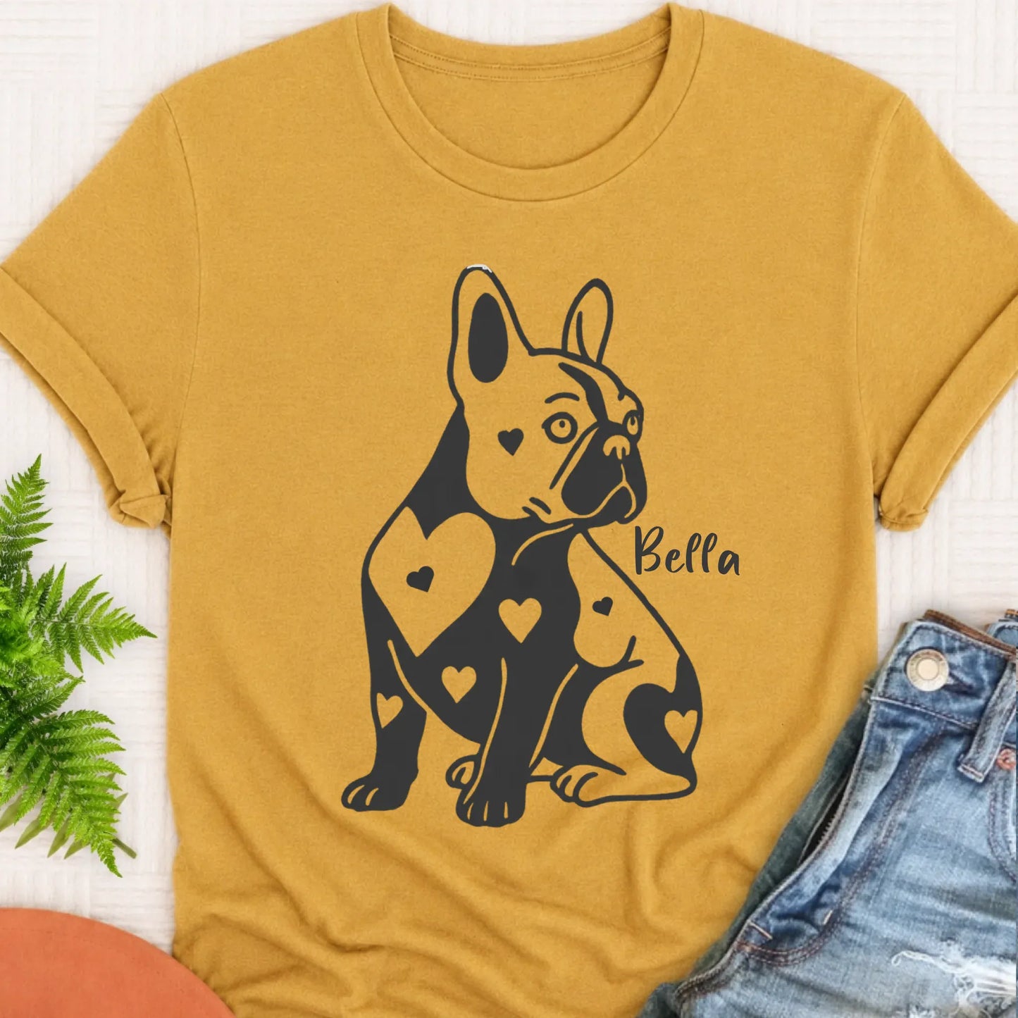 T-Shirt Mustard / S Custom Name French Bulldog Heart Dog TShirt