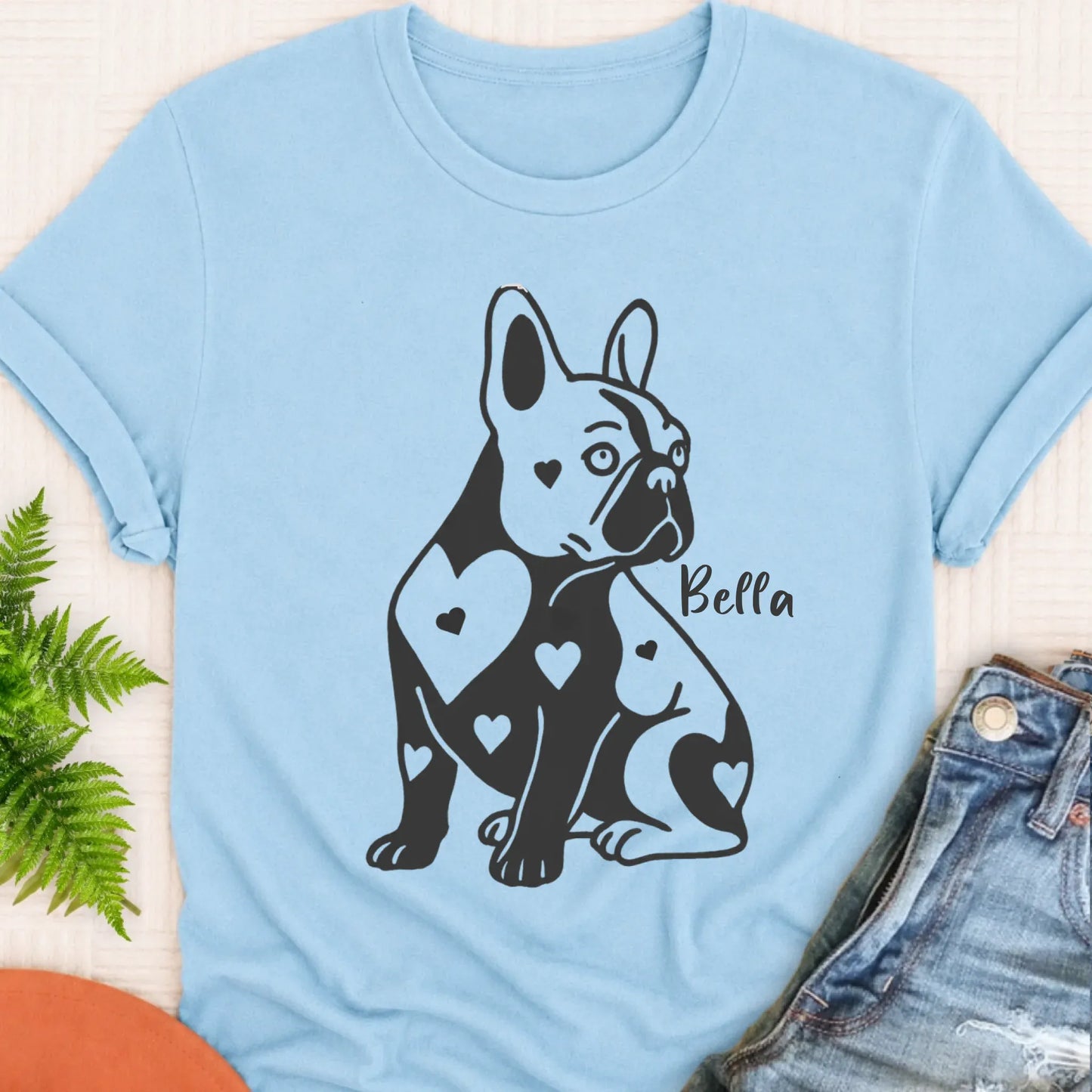 T-Shirt Chambray / S Custom Name French Bulldog Heart Dog TShirt