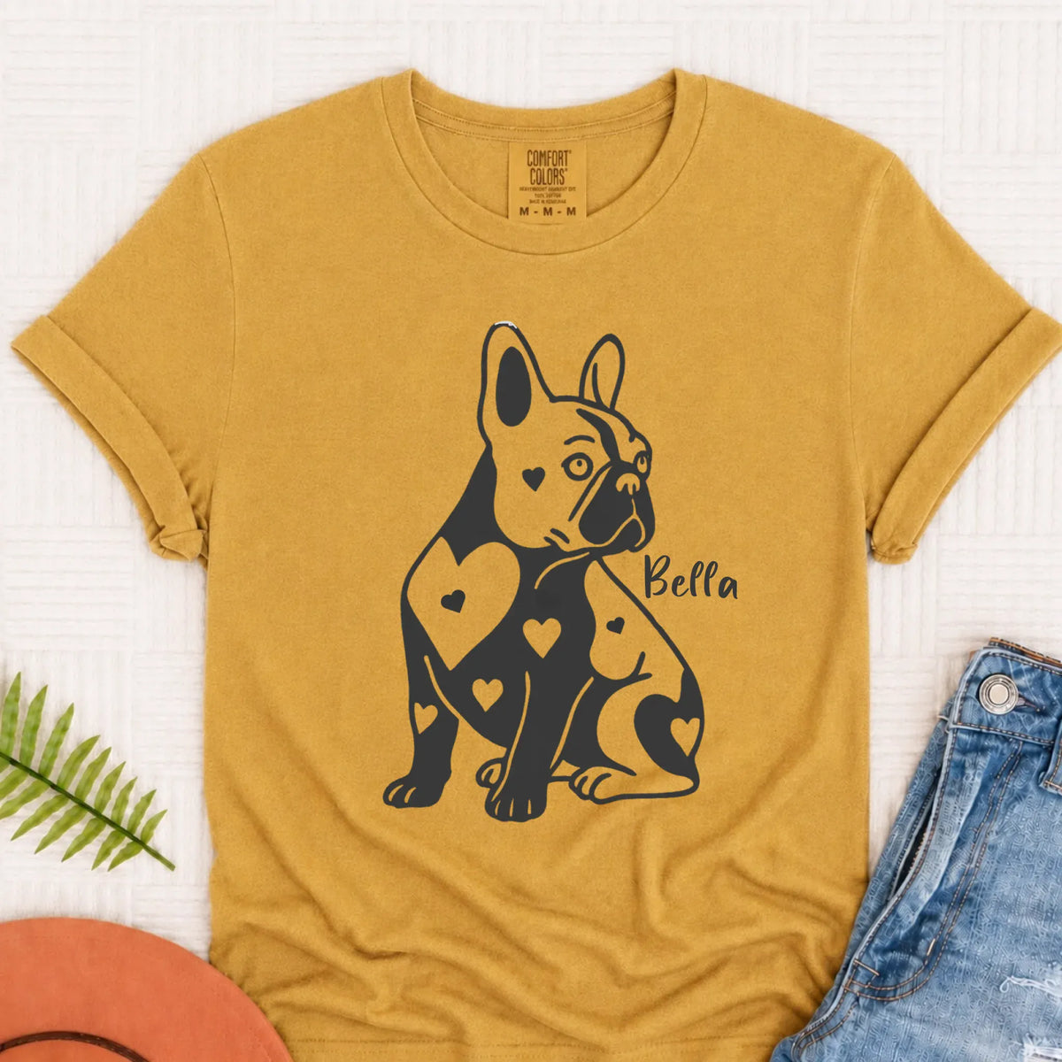 Custom Name French Bulldog Heart Dog TShirt Mustard