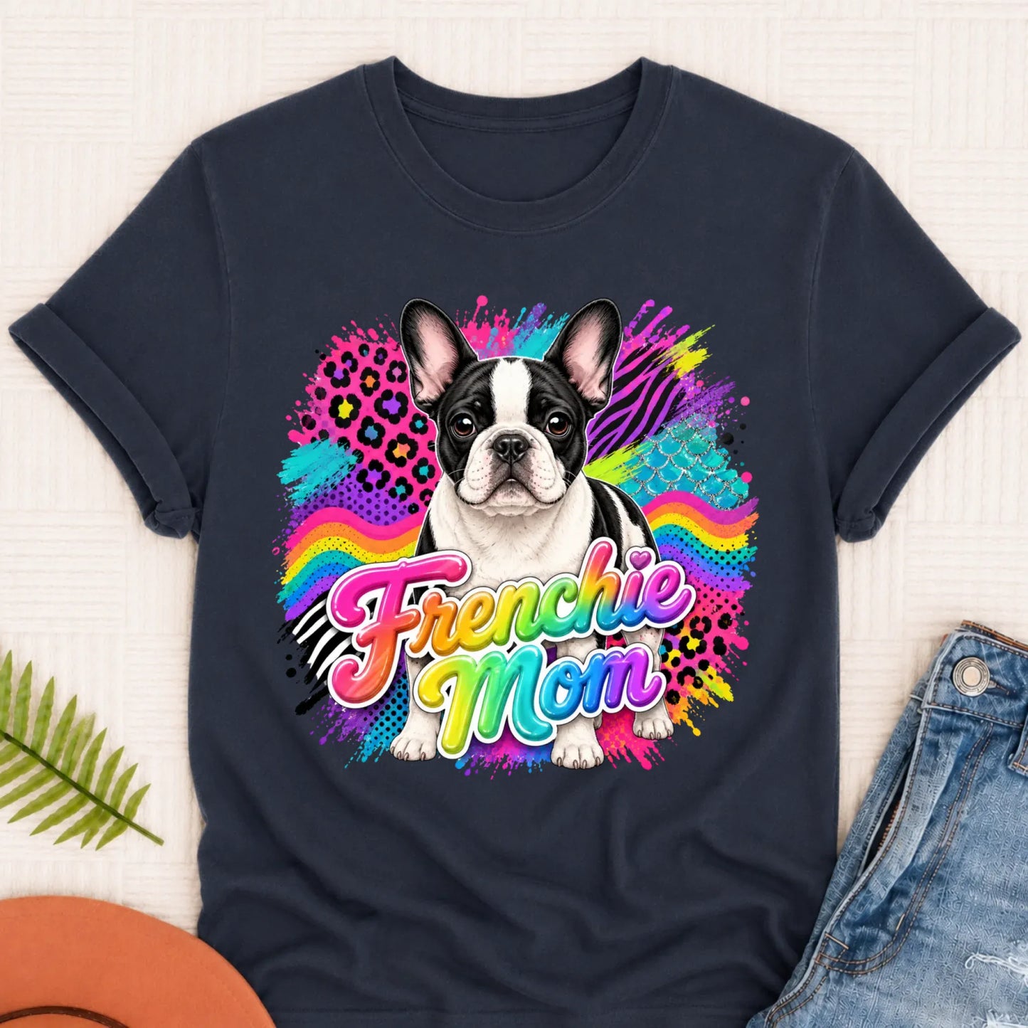 Custom Photo French Bulldog 1990s Neon Unisex Tshirt Navy
