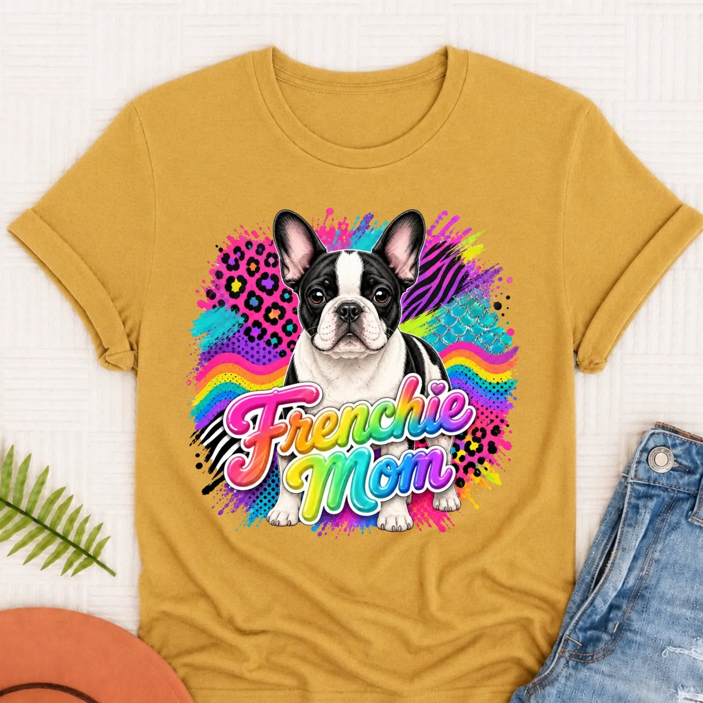 Custom Photo French Bulldog 1990s Neon Unisex Tshirt Mustard