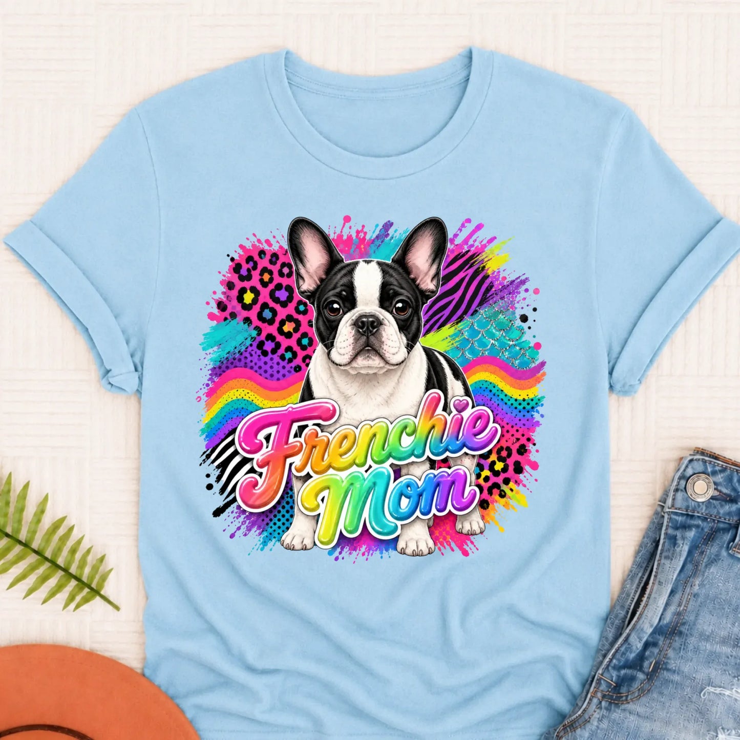 Custom Photo French Bulldog 1990s Neon Unisex Tshirt Chambray