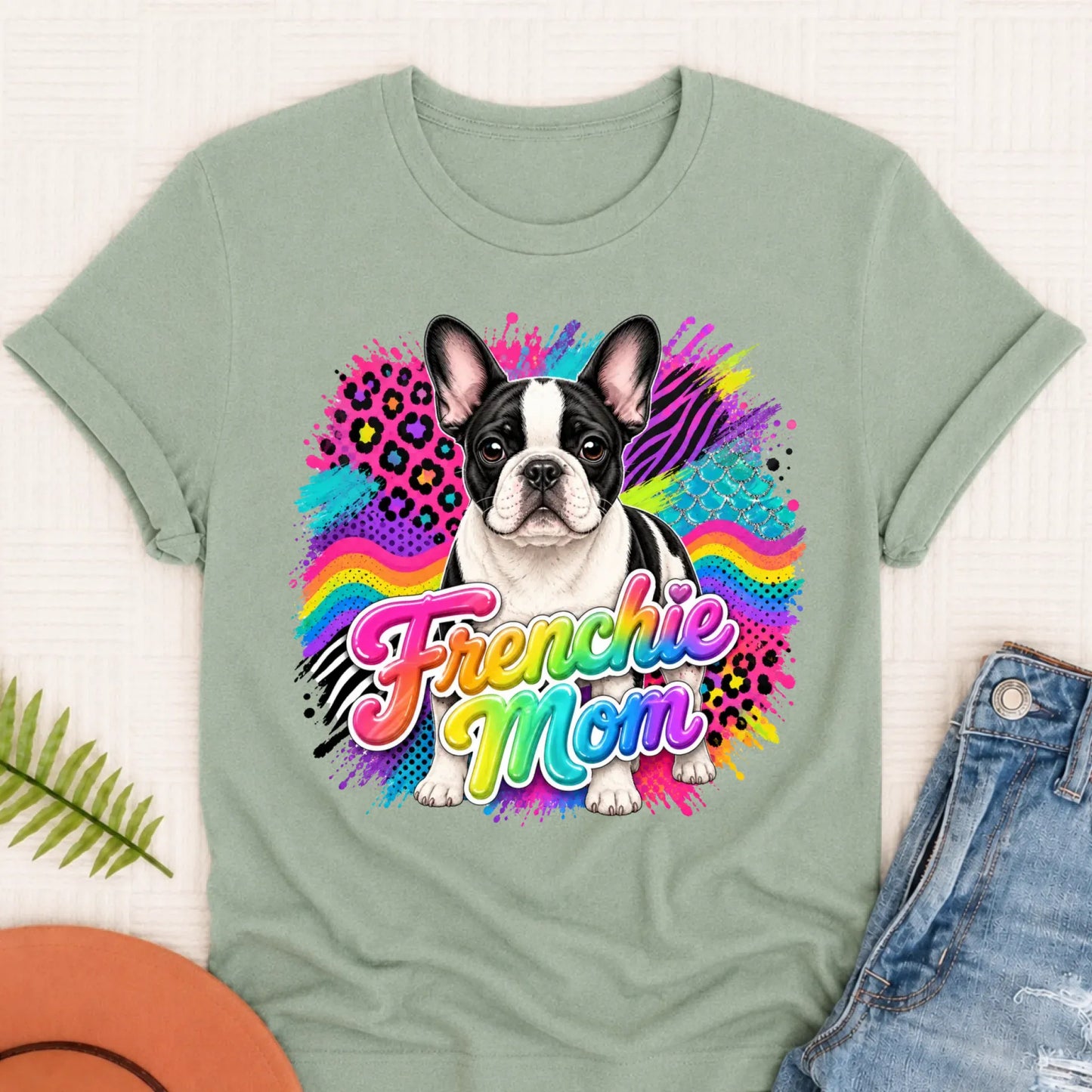 Custom Photo French Bulldog 1990s Neon Unisex Tshirt Bay