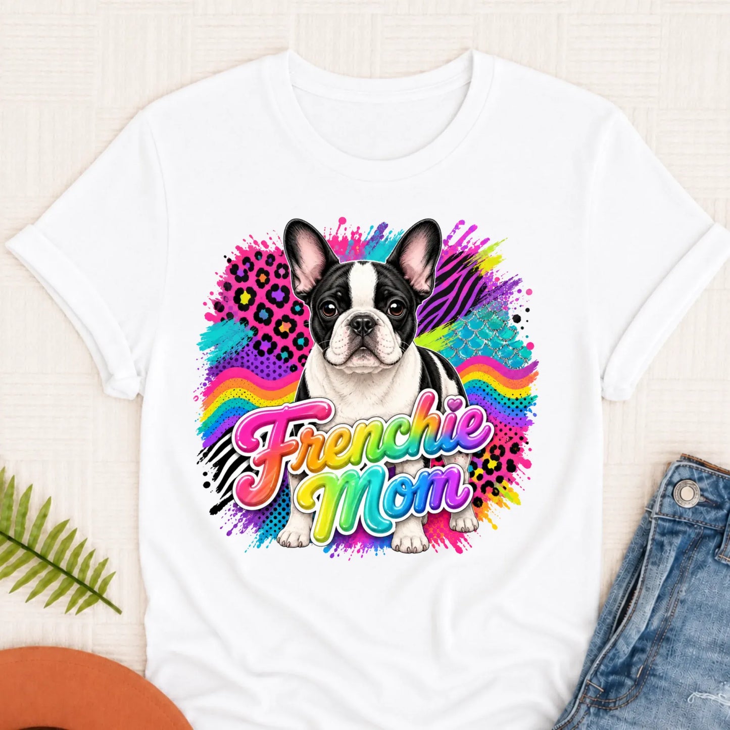 Custom Photo French Bulldog 1990s Neon Unisex Tshirt White