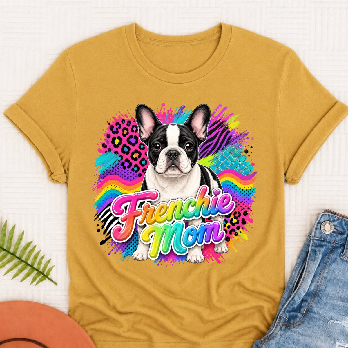 Custom Photo French Bulldog 1990s Neon Unisex Tshirt Mustard