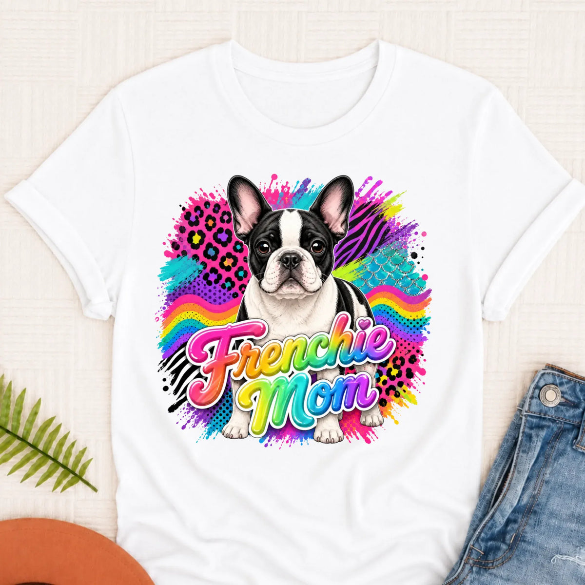 Custom Photo French Bulldog 1990s Neon Unisex Tshirt White