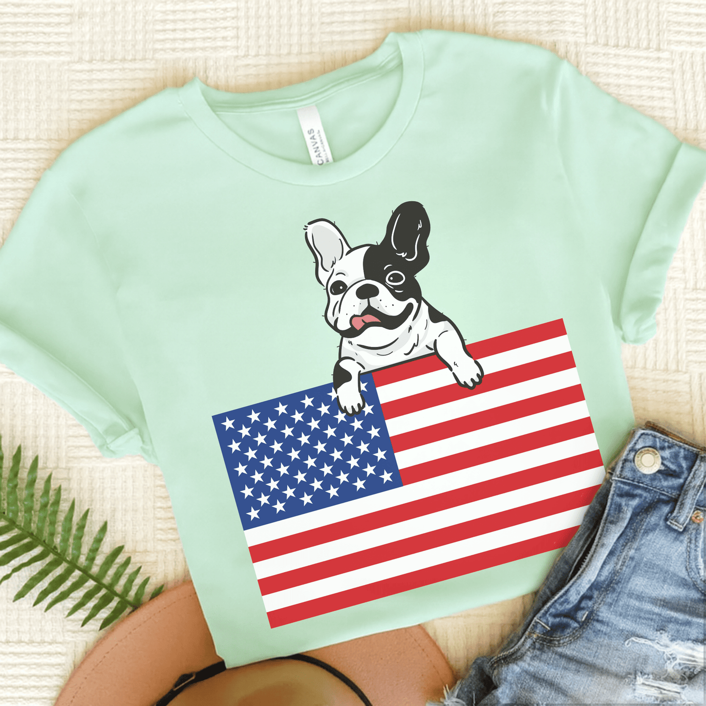 Custom Piebald Frenchie Flag TShirt Heather Mint