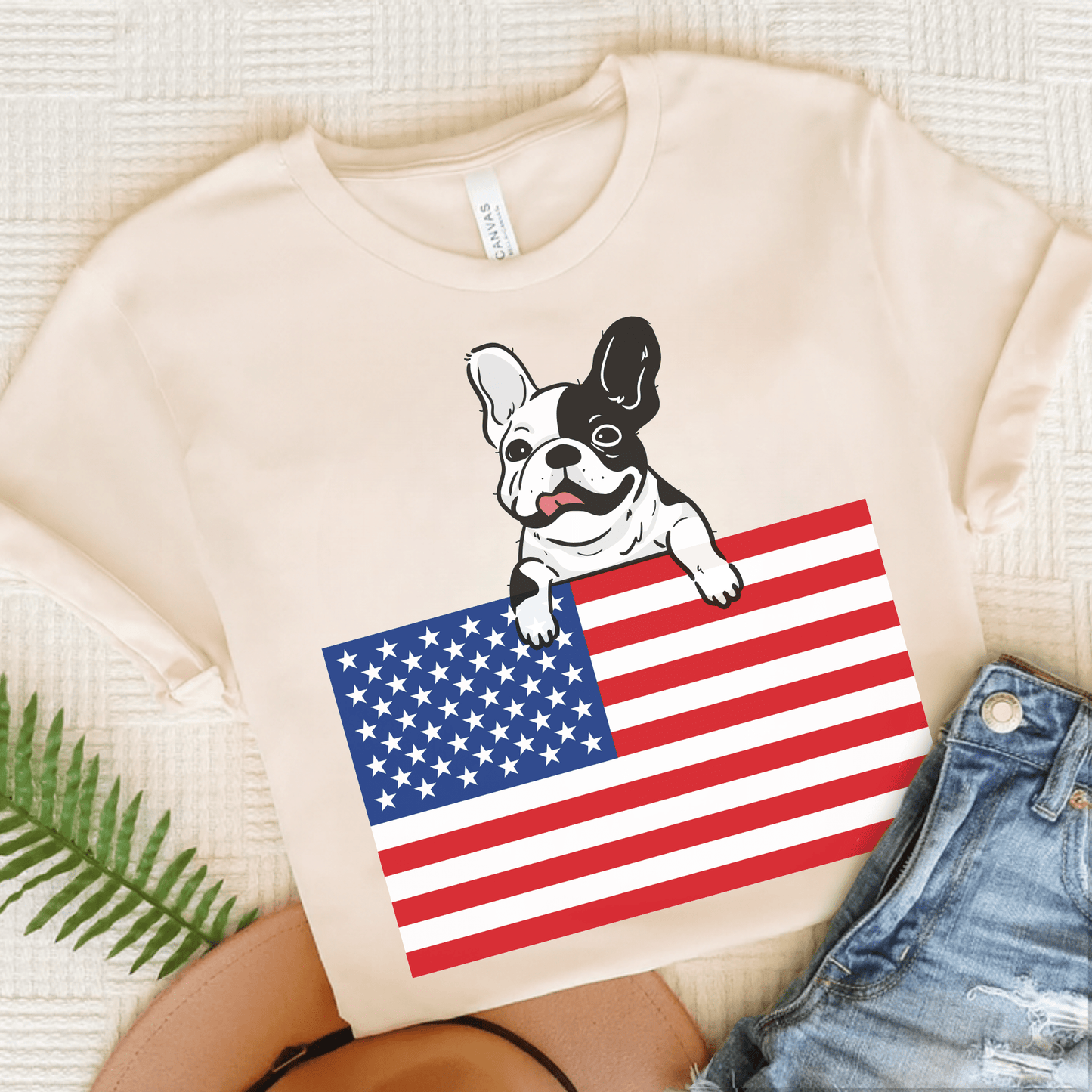 Custom Piebald Frenchie Flag TShirt Natural