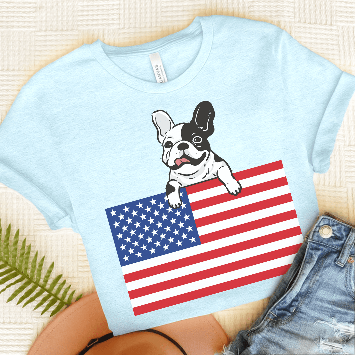 Custom Piebald Frenchie Flag TShirt Heather Ice Blue