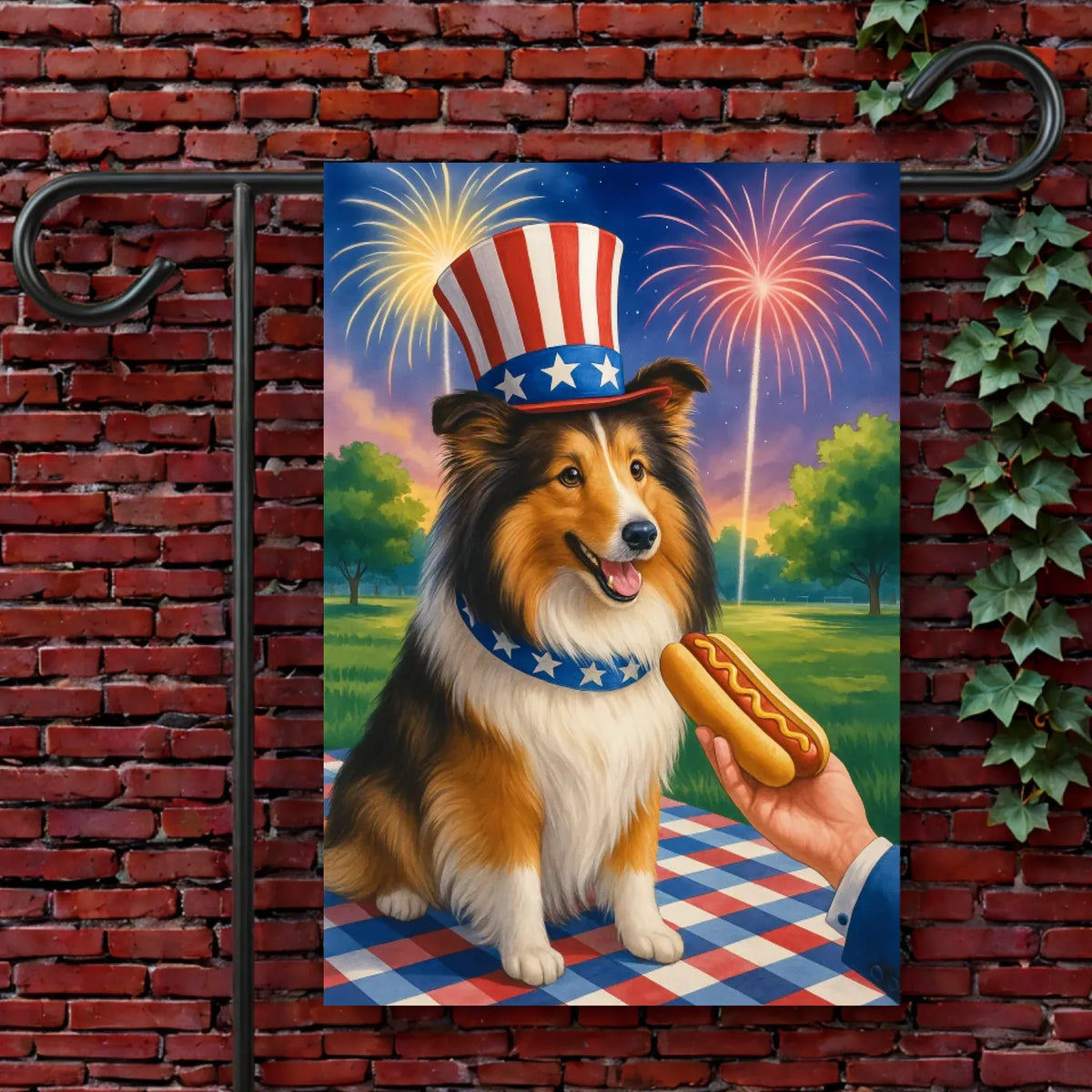 Garden Flag 12'' × 18'' Custom Sheltie Sheepdog 4th July Hot Dog Garden Flag