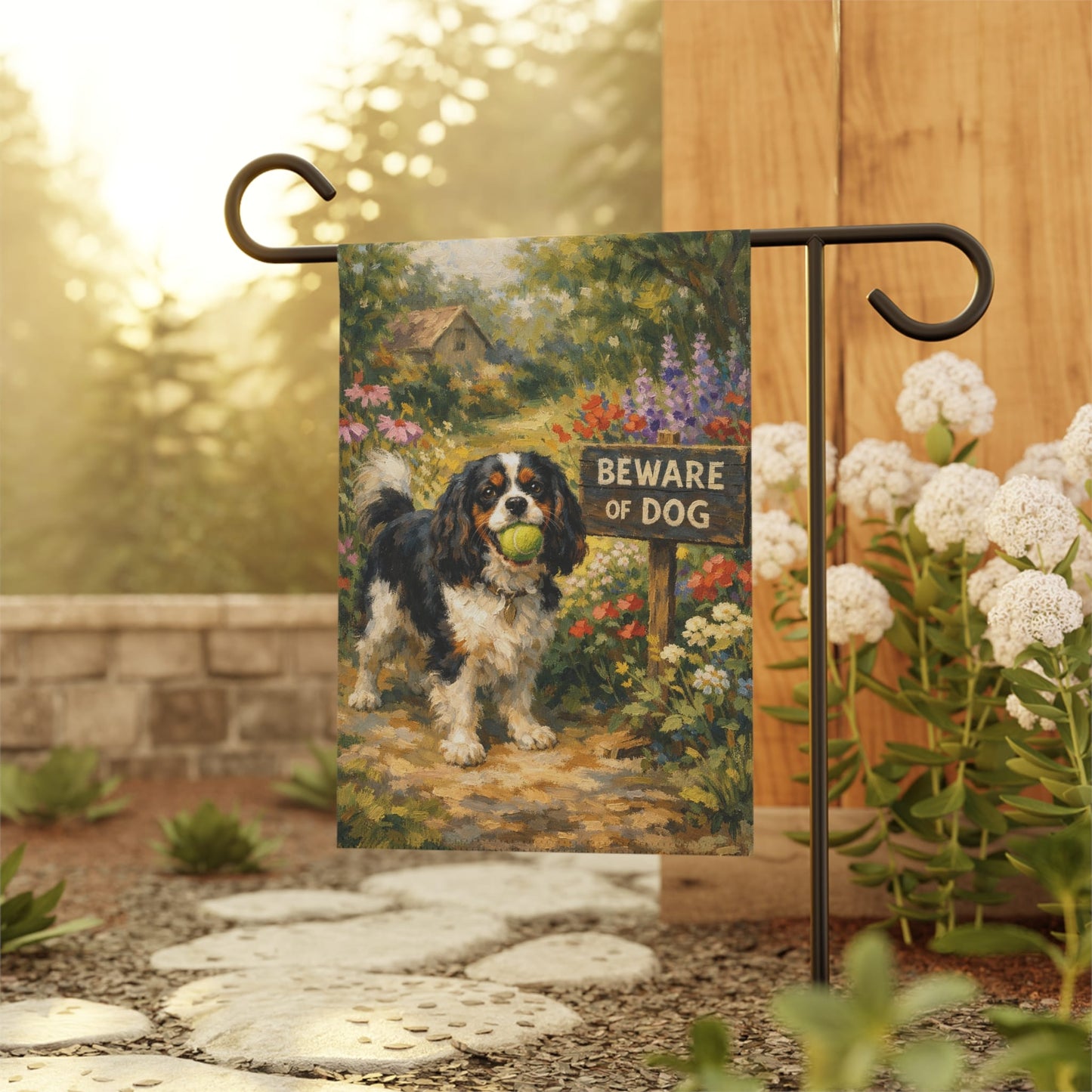 Custom Tricolor Cavalier Beware of Dog Garden Flag