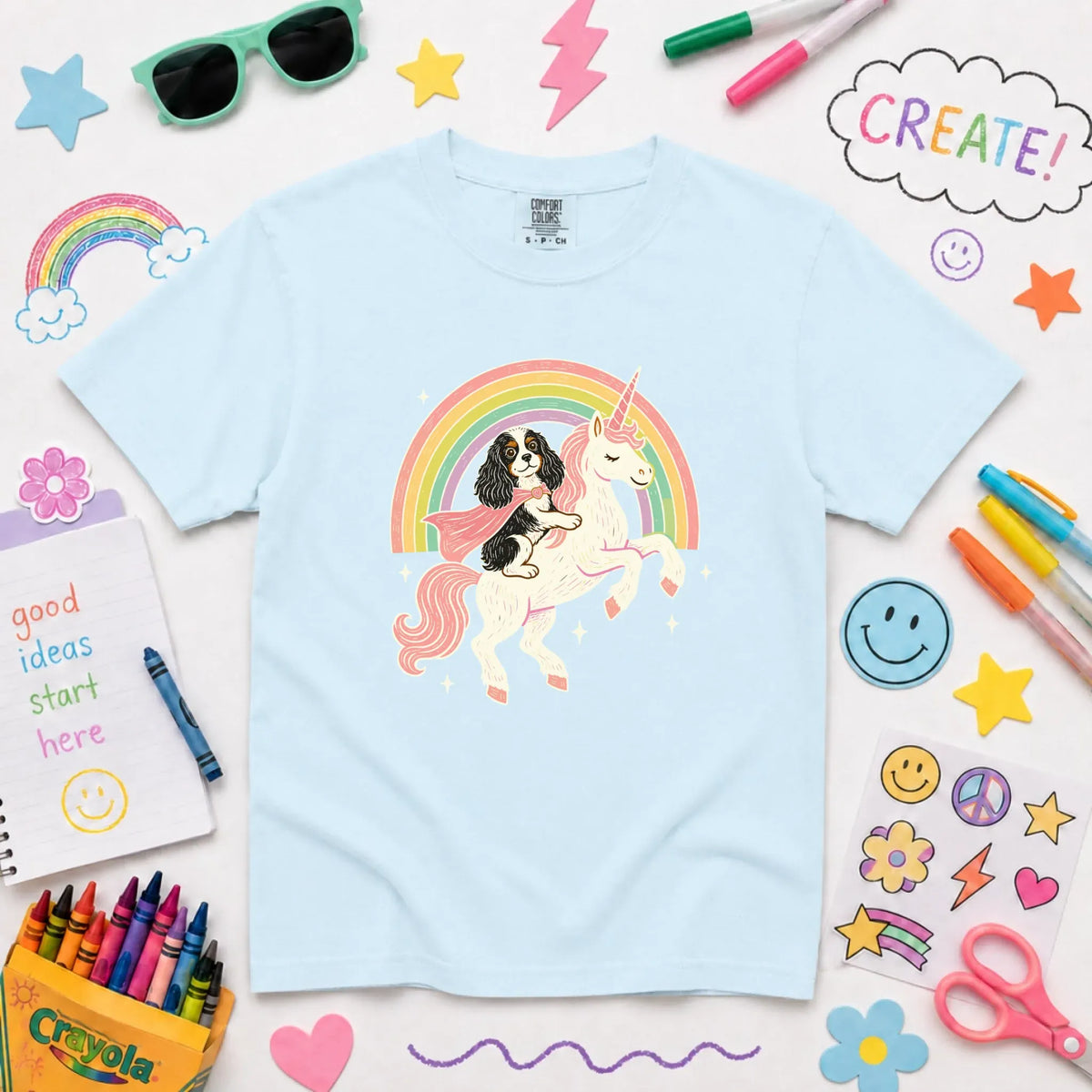 Custom YOUTH Cavalier Unicorn Rainbow Unisex TShirt NEW Youth Midweight Tee Chambray