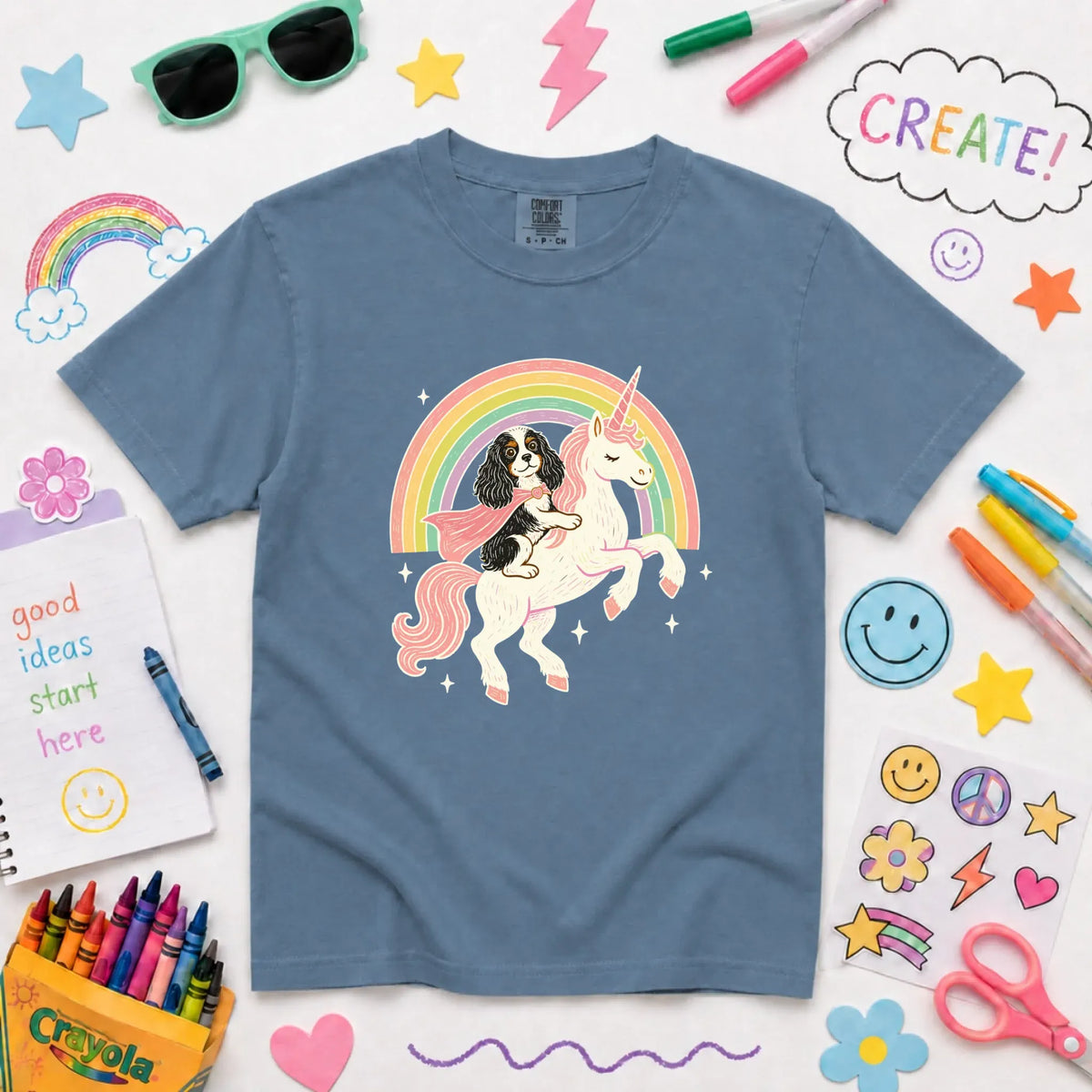 Custom YOUTH Cavalier Unicorn Rainbow Unisex TShirt NEW Youth Midweight Tee Blue Jean