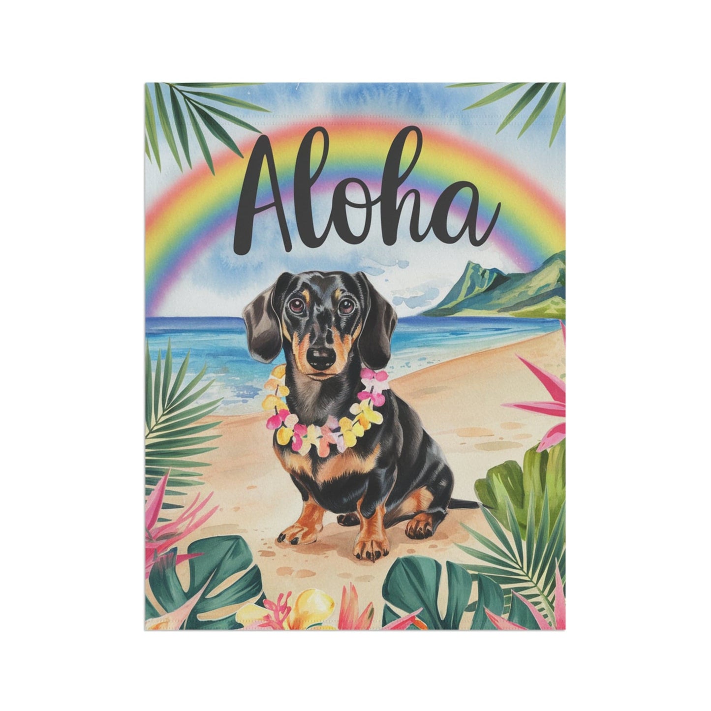 Printify Garden Flag Dachshund Black and Tan Hawaii Garden Flag, Aloha Luau Party Decorations