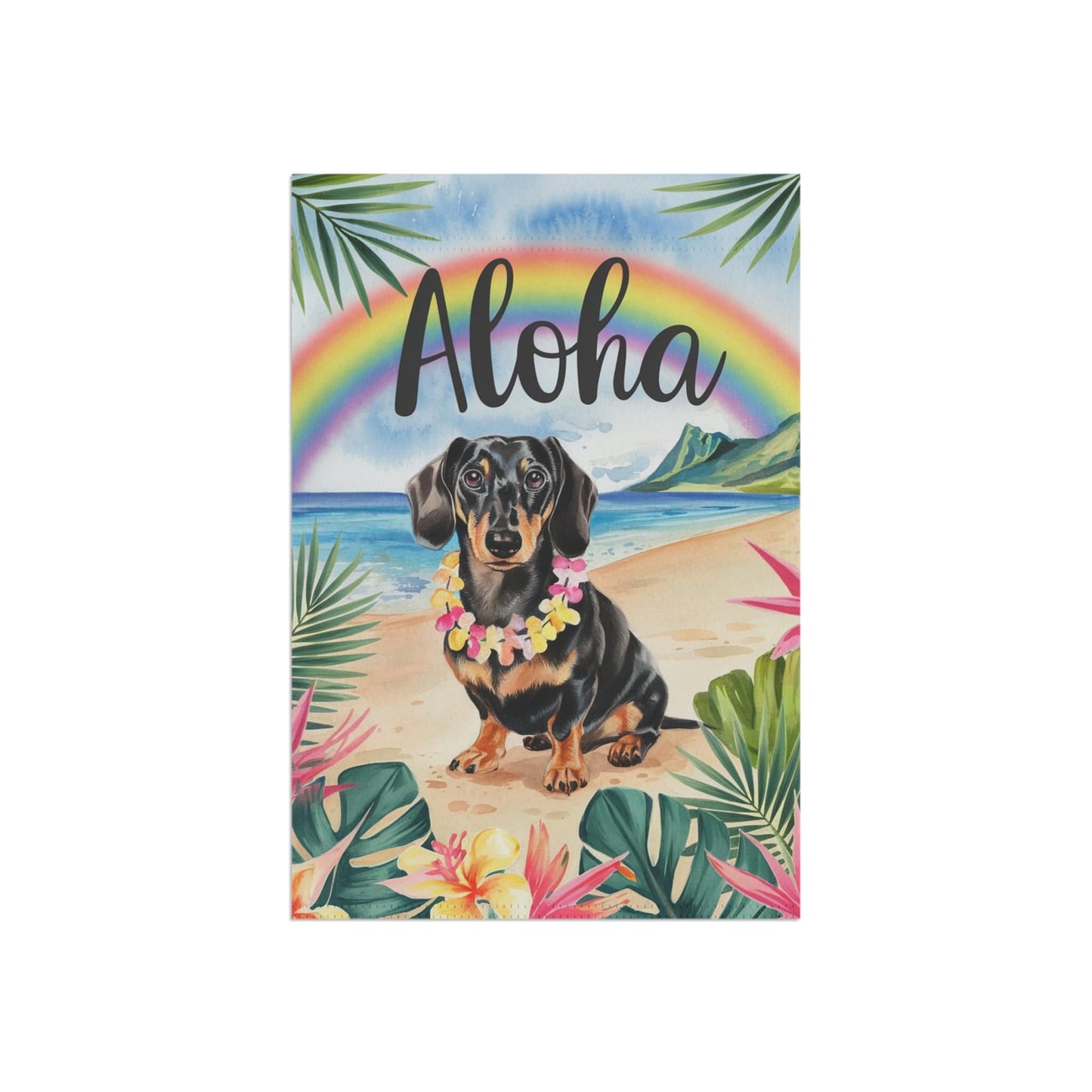 Printify Garden Flag Dachshund Black and Tan Hawaii Garden Flag, Aloha Luau Party Decorations