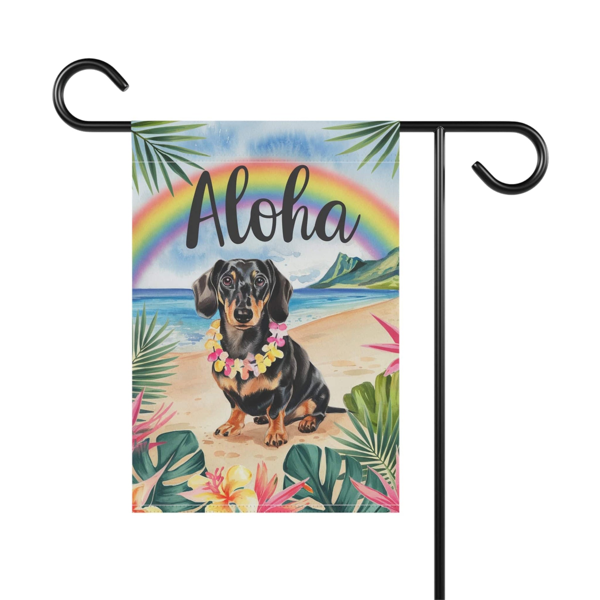 Printify Garden Flag Dachshund Black and Tan Hawaii Garden Flag, Aloha Luau Party Decorations