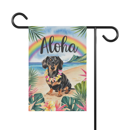 Printify Garden Flag Dachshund Black and Tan Hawaii Garden Flag, Aloha Luau Party Decorations