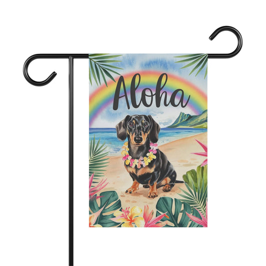 Printify Garden Flag 12'' × 18'' Dachshund Black and Tan Hawaii Garden Flag, Aloha Luau Party Decorations