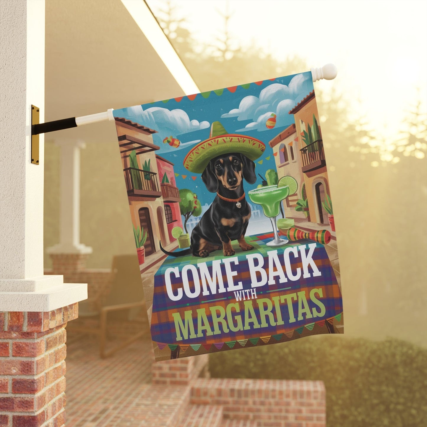 Printify Garden Flag Dachshund Black Tan Dog Garden Flag, Cinco de Mayo Fiesta, Margarita Drinking