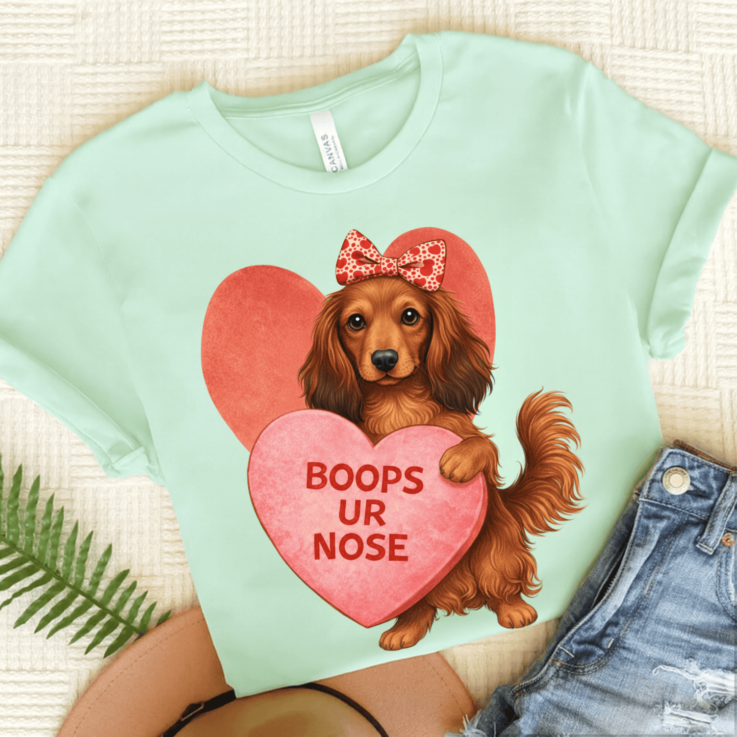 Dachshund Boops Valentine Unisex Tshirt Heather Mint