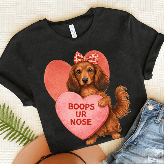 Dachshund Boops Valentine Unisex Tshirt Dark Grey Heather