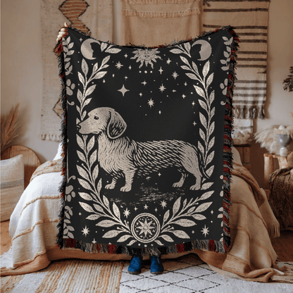 Printify Home Decor Dachshund Dog Celestial Woven Blanket